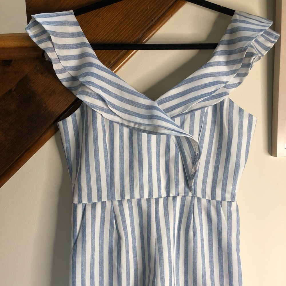 Anthropologie Blue and White Striped Linen Feel Ruffle Cap Sleeve Romper